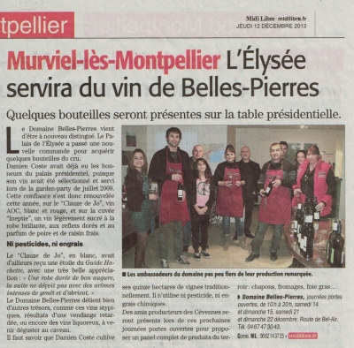 2013 - Midi Libre - L&#039;Elysée servira du vin de Belles-Pierres