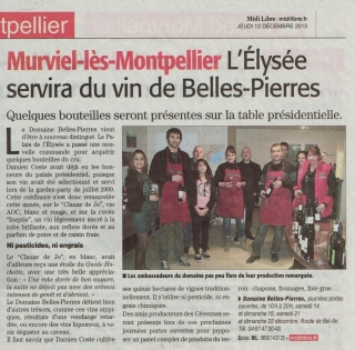2013 - Midi Libre - L'Elysée servira du vin de Belles-Pierres