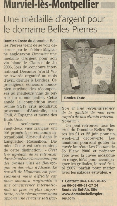 2008 - La Gazette - Une médaille d&#039;argent pour le domaine Belles Pierres
