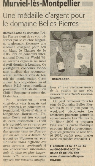 2008 - La Gazette - Une médaille d'argent pour le domaine Belles Pierres