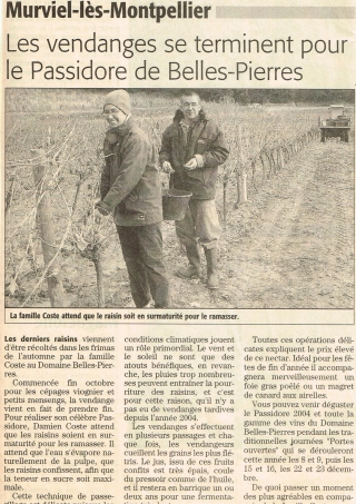 2005 - Midi Libre - Les vendanges se terminent pour le Passidore de Belles Pierres